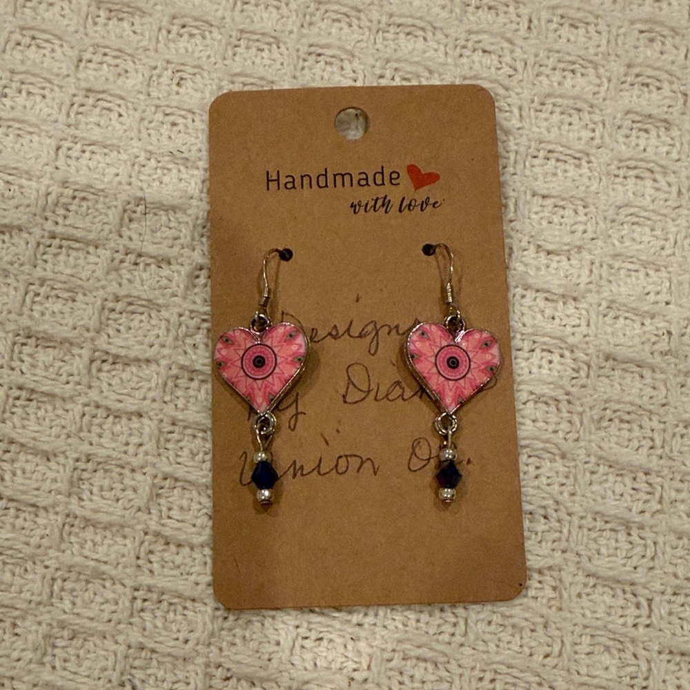 Pink Heart Dangle Earrings with Navy Accent